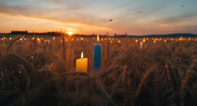 Wheat field setting featuring candles painted in yellow and blue with spikelets honoring Holodomor