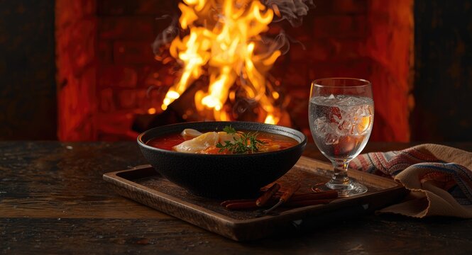 Savory ukha fish broth served with chilled vodka and ember fire on wooden tray