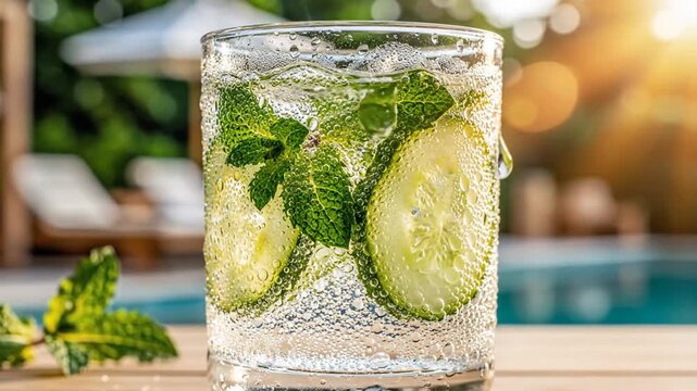 Cold cucumber mint drink at sunny poolside resort
