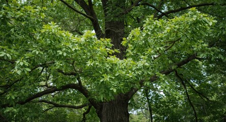 Obraz premium Nature close up of a tall oak tree showing dense green leaves flourishing outdoors in spring