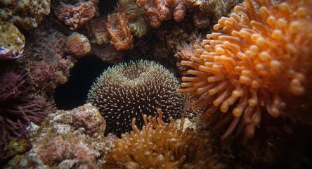 Seafloor closeup of Diadema antillarum sea urchin in natural reef conditions