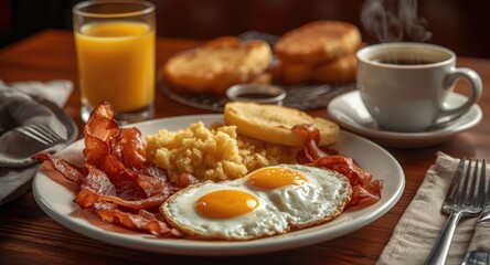 Delightful American breakfast served with sunny side up eggs strips of bacon crispy hash browns golden pancakes toasted bread orange juice and coffee