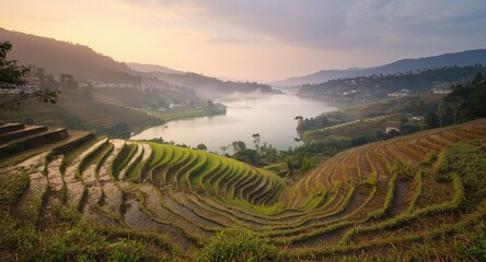 Agricultural terraces descending toward a peaceful body of water at first light