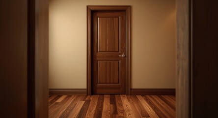 Central rectangular door set in a brown hardwood wall with tints and wood stain flooring design