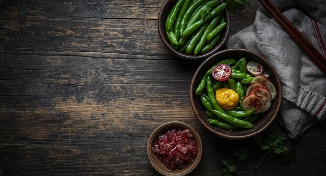 Two rustic bowls on wooden table with green beans, mustard, and raw zha cai surrounded by copy space