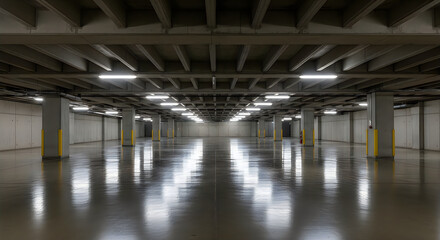 Fototapeta premium Empty industrial basement with polished concrete floor and fluorescent lighting