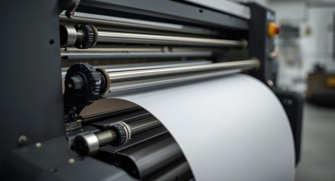 Intimate shot of flexographic press details showcasing flexible material rolls in a technical print production setting