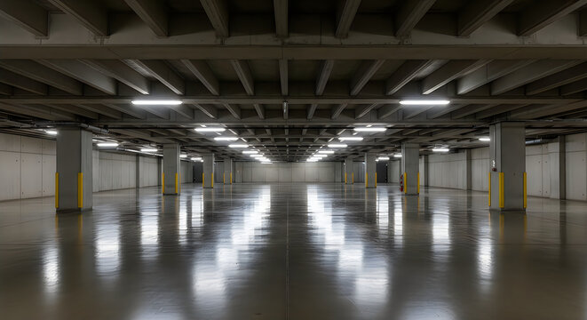 Empty industrial basement with polished concrete floor and fluorescent lighting