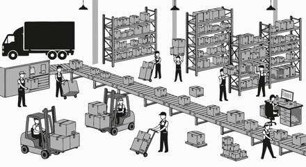Fototapeta premium Warehouse operations with workers forklifts and conveyor belts for efficient logistics.