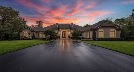 Upscale residence featuring a spacious driveway and vivid sunset background
