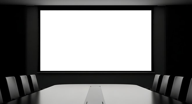 Modern Conference Room with Large Blank Projection Screen and Table.