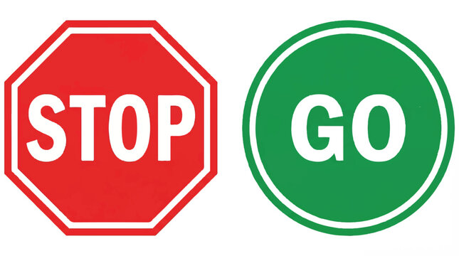 Red stop and green go traffic signs on white background