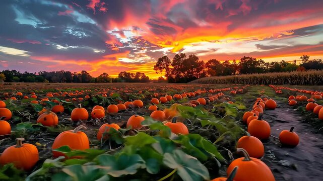 Pumpkin Patch at Vibrant Sunset.