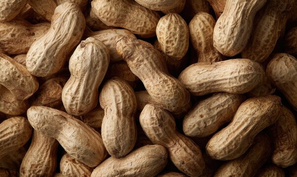 Straight-on texture of raw peanuts in shell tightly filling frame, rough beige surface