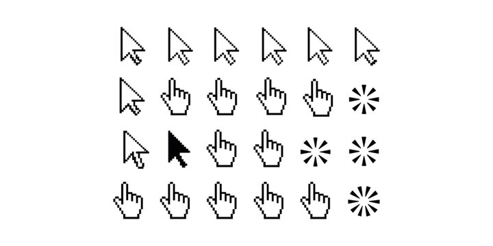 Black and white pixel cursor and hand pixel cursor hand computer mouse pointing hands user interface