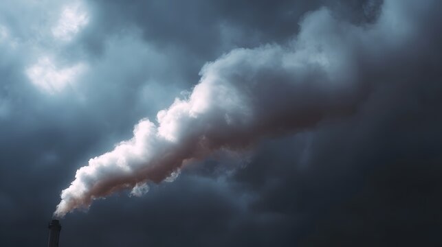 Thick industrial smoke billows from a chimney against a dark stormy sky
