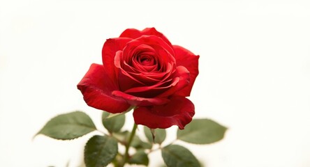 Beautiful red rose flower with green leafy surroundings against a plain white backdrop