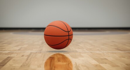 Obraz premium Side view of official orange basketball bouncing on waxed hardwood sports court