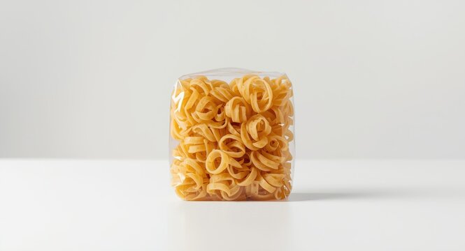 Unopened plastic pack of spirali pasta on a white backdrop for food projects