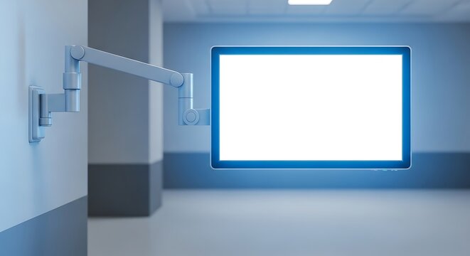 Modern Hospital Corridor with Blank Digital Screen and Medical Equipment.