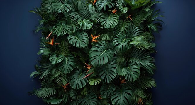 vertical tropical greenery wall illustrating dense monstera and sabal palm leaves accented by vibrant guzmania flowers in an indigo palette