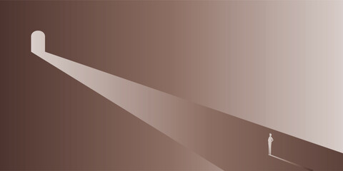 A lone figure stands in a dark, gradient room, looking towards a bright light streaming from an open doorway, symbolizing hope and new beginnings. © MohSamsudin