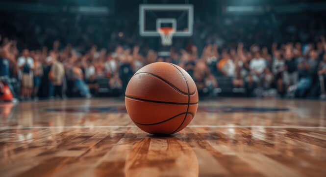 Macro shot of a basketball on a reflective timber court with a hazy excited crowd background illustrating game buildup