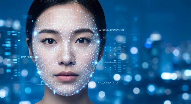 Young Asian woman with facial recognition technology overlay against blurred city lights background for biometric security and AI identification systems.
