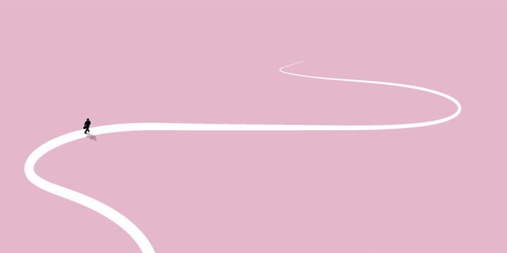 A lone figure walks along a winding white path on a minimalist pink background, symbolizing a journey or a new direction.