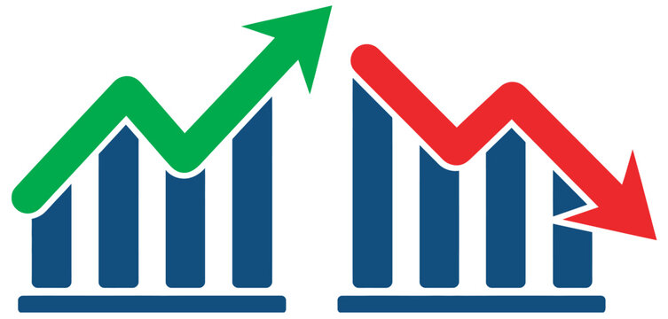 Graph blue going down up green red arrow icon set, vector icons, finance data visualization, stock market indicators, business chart illustration