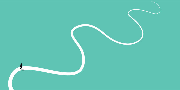 A minimalist illustration of a person starting a long, winding white path on a serene teal background, symbolizing a journey or future.