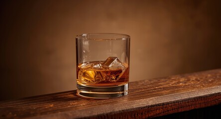 A classy whiskey glass with ice cubes resting on a rustic bar counter under soft ambient light