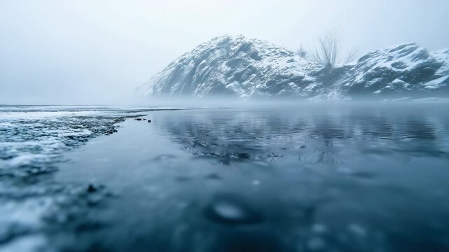 Majestic icy landscape with foggy reflection over a tranquil frozen lake in winter