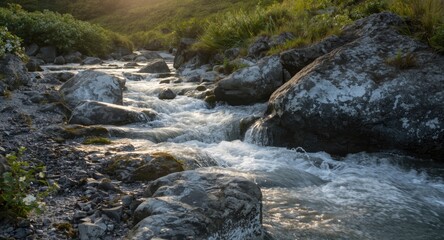 Refreshing summer mountain stream flowing through melting glacier rocks