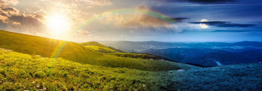 mountainous panorama of rolling hills. day and night time change concept. wonderful weather over the distant mountain range with sun and moon. epic view of alpine landscape during summer solstice