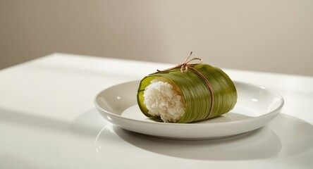 Traditional sticky rice wrapped in banana leaves on a white surface