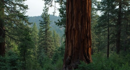 Peaceful forest environment featuring pine and sequoia species with an alluring background