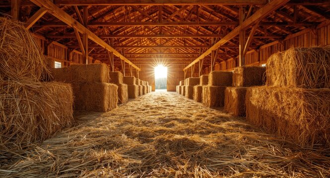 Sunbeam filled barn interior displaying stacked hay on detailed straw floor with copy space