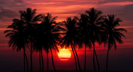 Obraz premium Timeless palm tree silhouettes set against a rich sunset backdrop