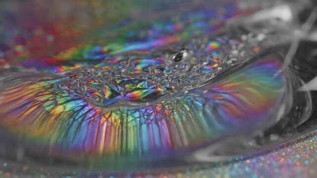 Clear water pouring on iridescent glitter creating vibrant rainbow reflection