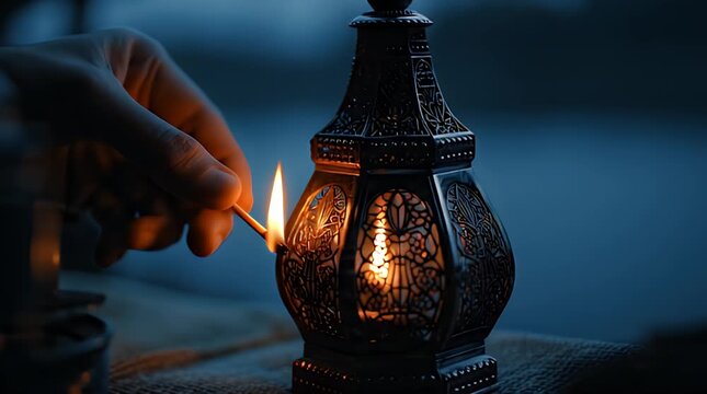 Hand Lighting Traditional Lantern with Matchstick.