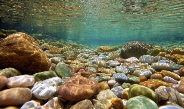 Straight-on underwater texture of riverbed pebbles seen through flowing clear water, mild surface distortion