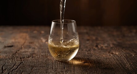 White wine stream into glass on a rough dark rustic wooden surface