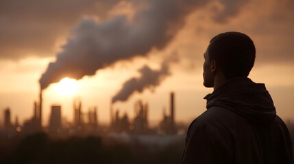 Fototapeta premium A man observes a smoky industrial factory skyline at sunset highlighting environmental concerns