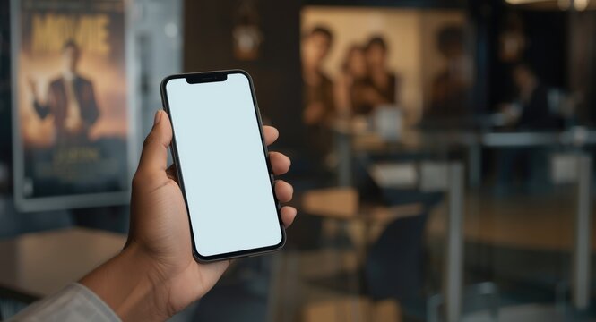 Hand holding smartphone with blank screen for movie ticket purchase and blurred theater counter background