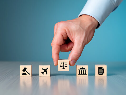 Hand selecting justice symbol wooden block among diverse legal icons representing regulation choices