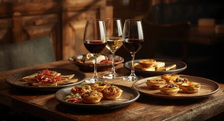 Fototapeta premium Delicious appetizers and light meals served with wine glasses on restaurant table