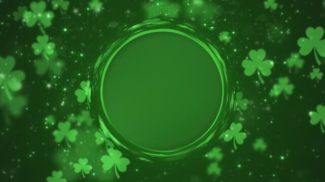 Lucky shamrocks, shiny stars and glittering particles floating upwards on a dark green background. This Saint Patrick's Day celebration background animation is full HD and looping with copy space.