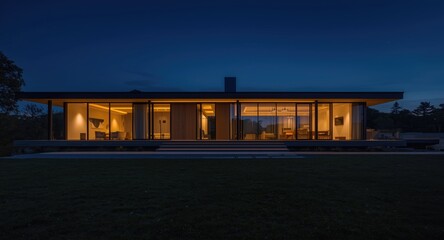 Modern house with glowing windows and ambient night lighting