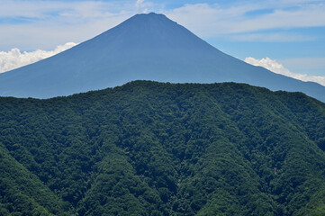 御坂山地の釈迦ヶ岳山頂より　夏富士山と緑の山稜
